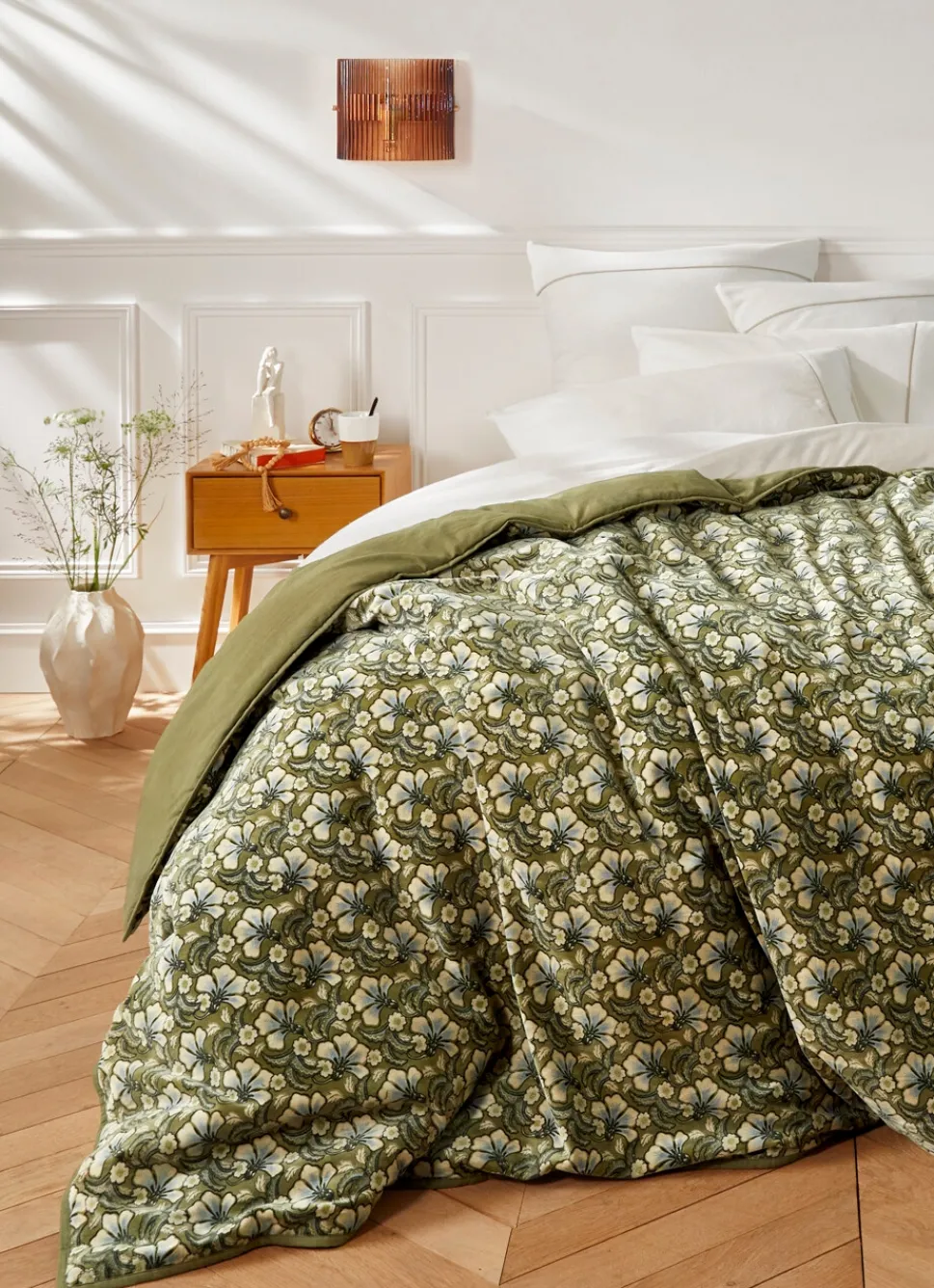 New Bouchara BOUT DE LIT EN VELOURS IMPRIMÉ FLORAL SOLENE VERT KAKI