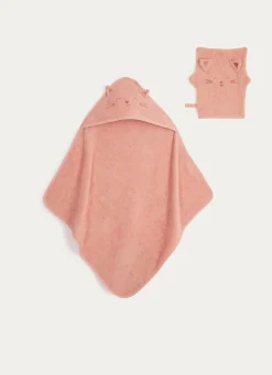 Online Bouchara CAPE DE BAIN ET GANT DE TOILETTE EN ÉPONGE CHATON ROSE
