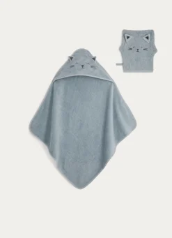 Discount Bouchara CAPE DE BAIN ET GANT DE TOILETTE EN ÉPONGE CHATON BLEU
