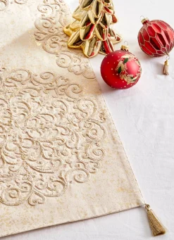 Sale Bouchara CHEMIN DE TABLE BRODÉ AVEC POMPONS DORÉS ECRU