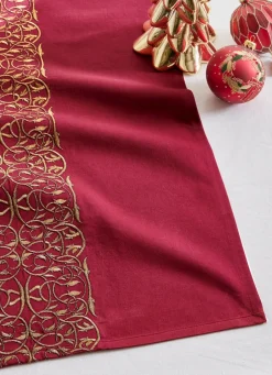 Bouchara CHEMIN DE TABLE EN SATIN AVEC BRODERIE DORÉE ROUGE BORDEAUX