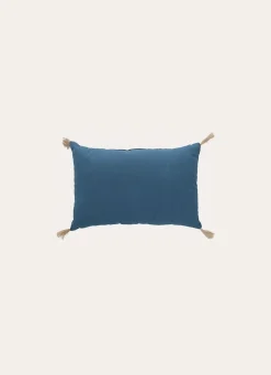 Sale Bouchara COUSSIN EN COTON UNI AVEC POMPONS EN JUTE BLEU