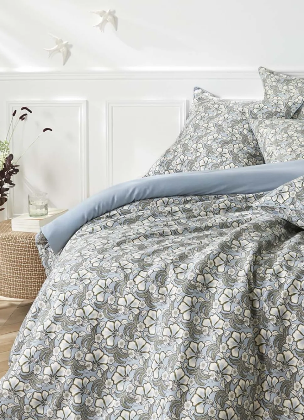 Best Bouchara DRAP PLAT EN SATIN IMPRIMÉ FLORAL SOLENE BLEU