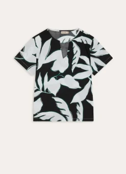 Online Bouchara HAUT MANCHES COURTES EN COTON IMPRIMÉ FEUILLAGES Noir