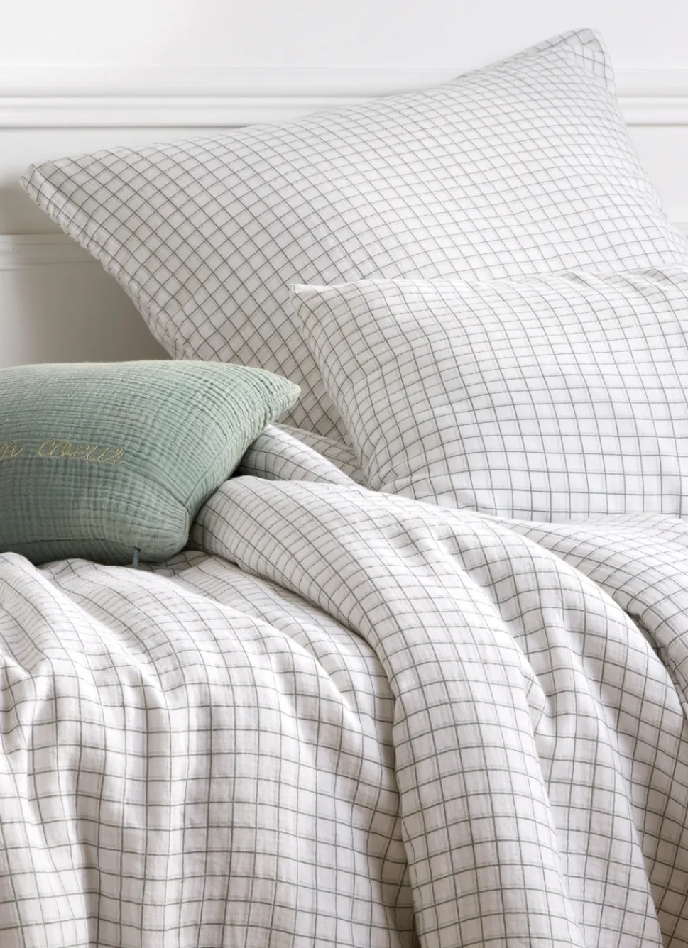 Discount Bouchara HOUSSE DE COUETTE BÉBÉ EN GAZE DE COTON À CARREAUX ECRU