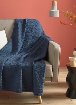 Hot Bouchara JETÉ DE LIT EN COTON LAVÉ NID D'ABEILLE MARINE