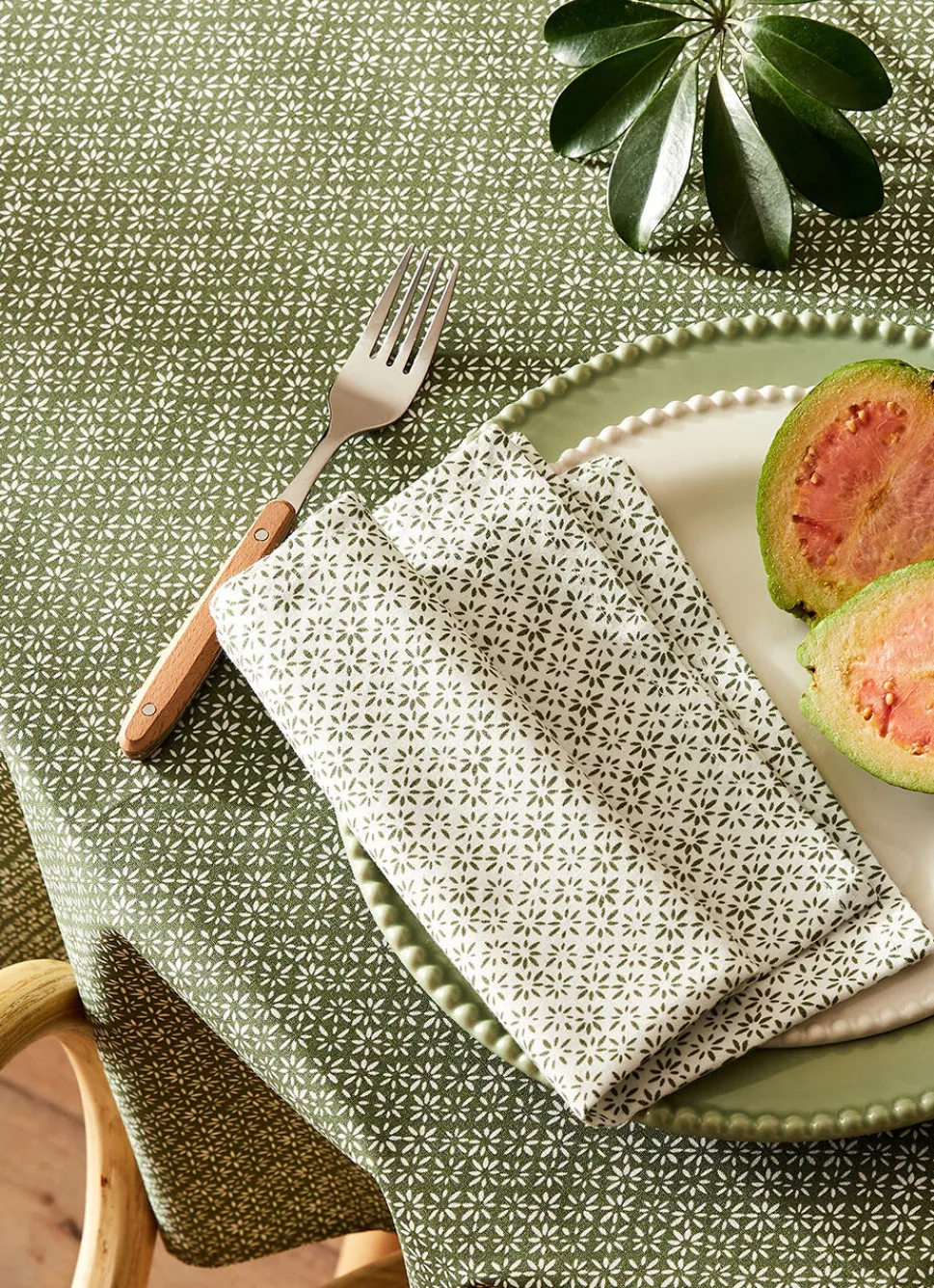 Clearance Bouchara NAPPE RONDE EN COTON ENDUIT IMPRIMÉ PETITES FLEURS KAKI/BLANC