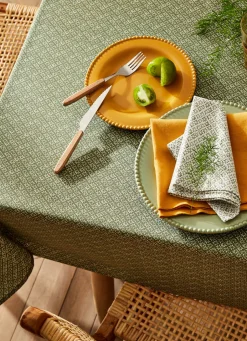 Clearance Bouchara NAPPE RONDE EN COTON ENDUIT IMPRIMÉ PETITES FLEURS KAKI/BLANC