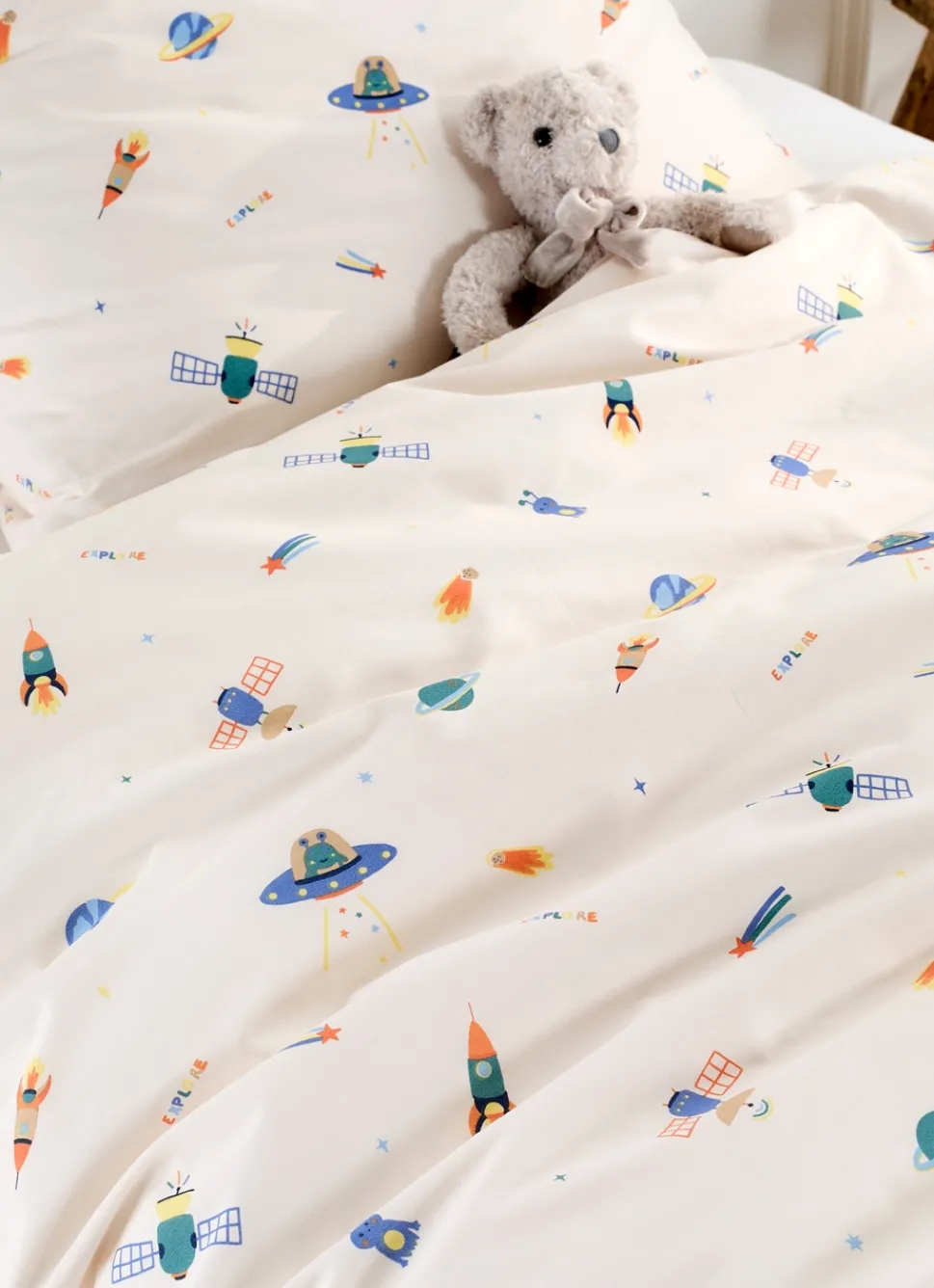 Discount Bouchara PARURE DE LIT BÉBÉ EN PERCALE MOTIF SPATIAL BLANC