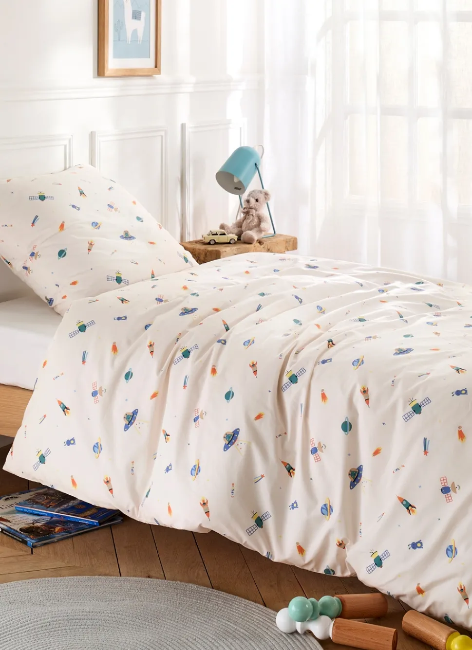 New Bouchara PARURE DE LIT ENFANT EN PERCALE MOTIF SPATIAL BLANC