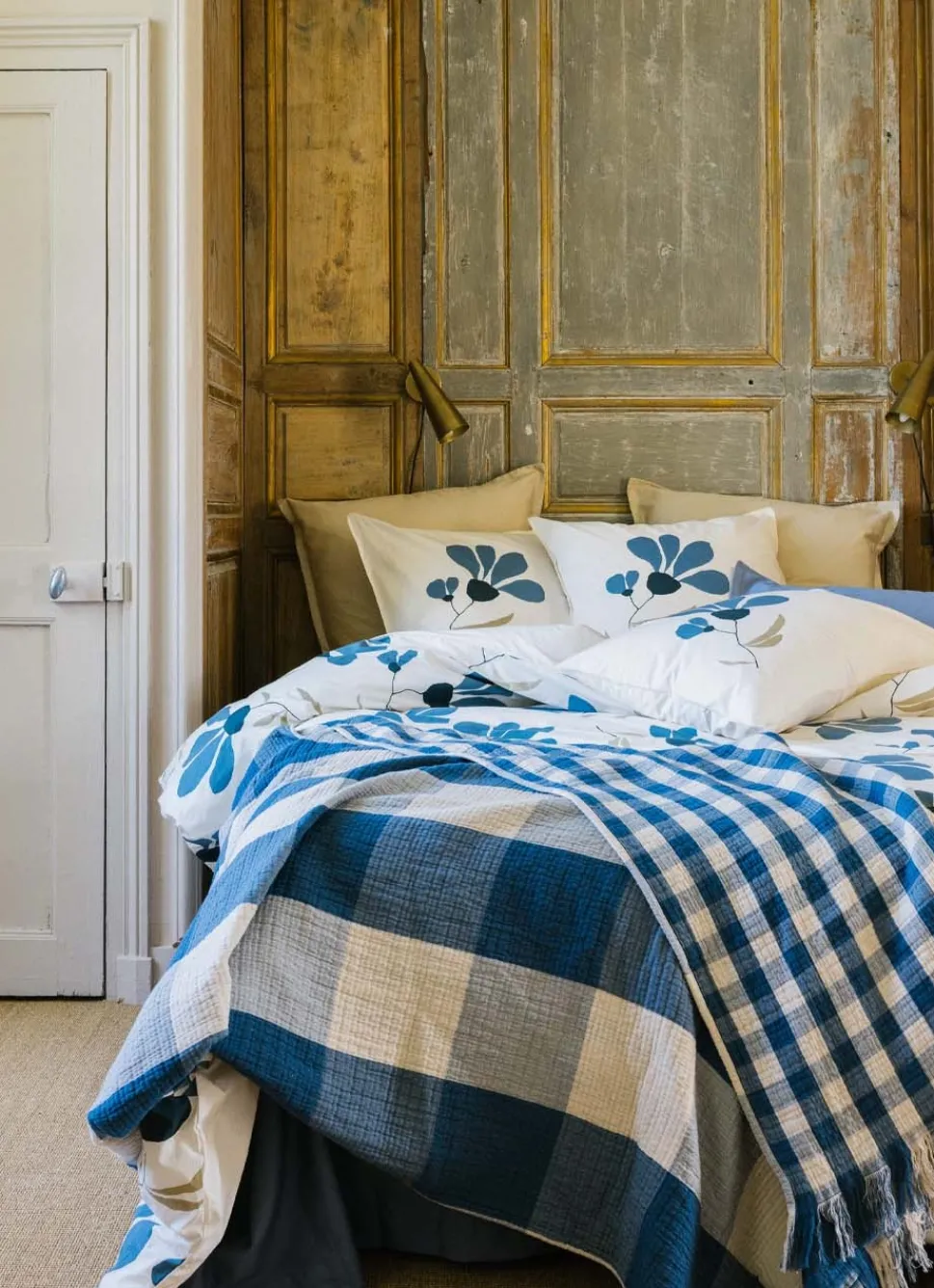 Online Bouchara PLAID EN GAZE DE COTON À CARREAUX RÉVERSIBLE BLEU JEAN