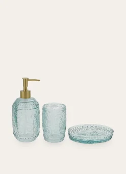 Outlet Bouchara PORTE-SAVON EN VERRE COLORÉ GRAVURES DE FLEURS BLEU CLAIR