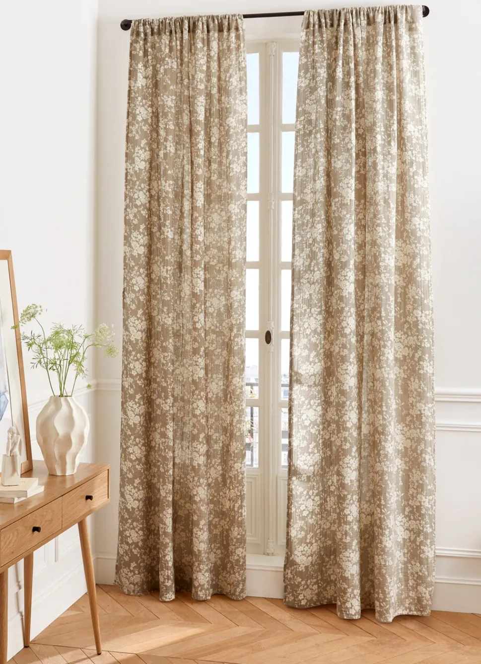 Bouchara RIDEAU EN TRIPLE GAZE DE COTON À MOTIFS FLORAUX VERT DE GRIS