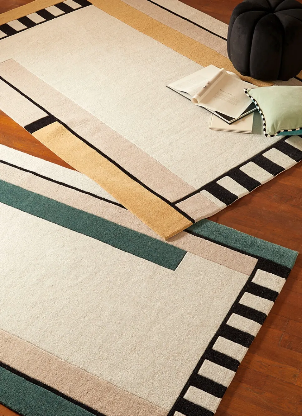 Hot Bouchara TAPIS EN LAINE TUFTÉ À LARGES BANDES RAYÉES BEIGE/VERT