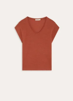 Outlet Bouchara TEE-SHIRT COL V EN LIN MÉLANGÉ BRIQUE