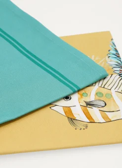 Online Bouchara TORCHON EN COTON IMPRIMÉ POISSONS ET CORAUX OCRE