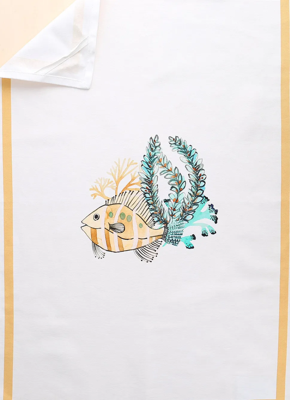 Sale Bouchara TORCHON EN COTON IMPRIMÉ POISSONS ET CORAUX BLANC OCRE