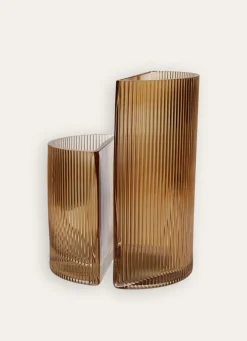 Discount Bouchara VASE EN VERRE STRIÉ - FORME DEMI-LUNE ROUX