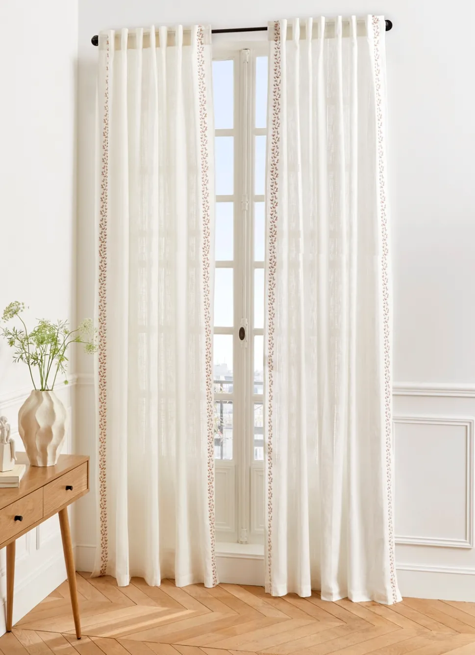 Clearance Bouchara VOILAGE TAMISANT À RAYURES ET BRODERIES FLORALES BLANC